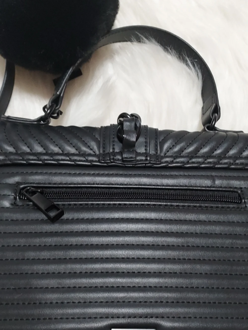 ALDO Chic Black Quilted Top-Handle Satchel with Pom Accent